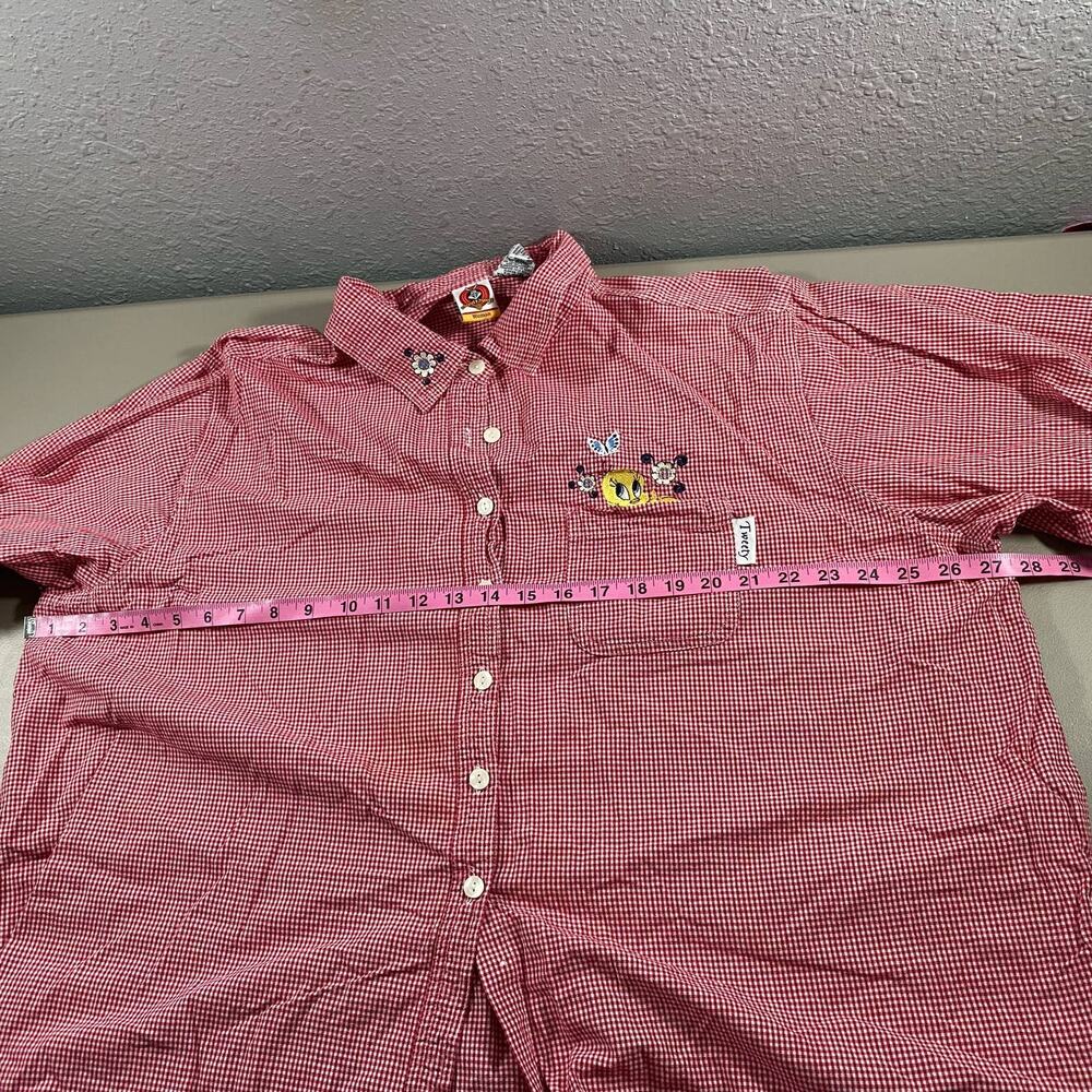 Tweety Bird 26/28 Womens Button Up Red White Plaid Looney Tunes Floral Collared - Picture 6 of 10